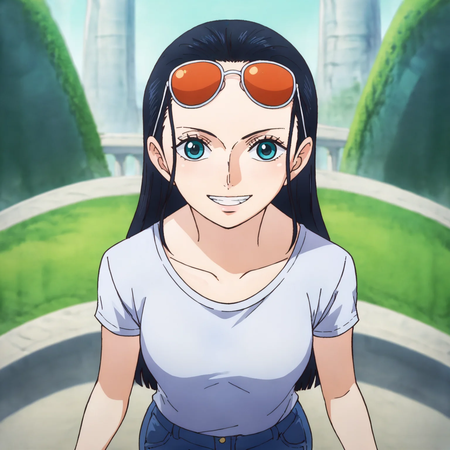 score_9, score_8_up, score_7_up, score_6_up, score_5_up, score_4_up, BREAK source_anime,POV,city,outdoor,smile,standing, 1girl <lora:Robn_r1:0.7>Robin_SEV, black hair, long hair, forehead, side bangs,blue eyes, orange sunglasses on head, white t-shirt,short sleeves,jeans