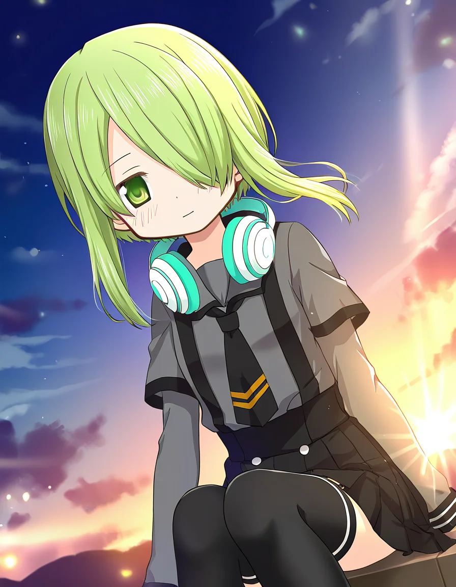 masterpiece, best quality, newest, absurdres, highres, safe, 1girl, miyabi shigure \(school uniform\), magia record: mahou shoujo madoka magica gaiden, headphones, thighhighs, solo, sitting, outdoors, dutch angle, <lora:miyabi_shigure_noobaiXLNAIXL_vPred10Version:0.7>