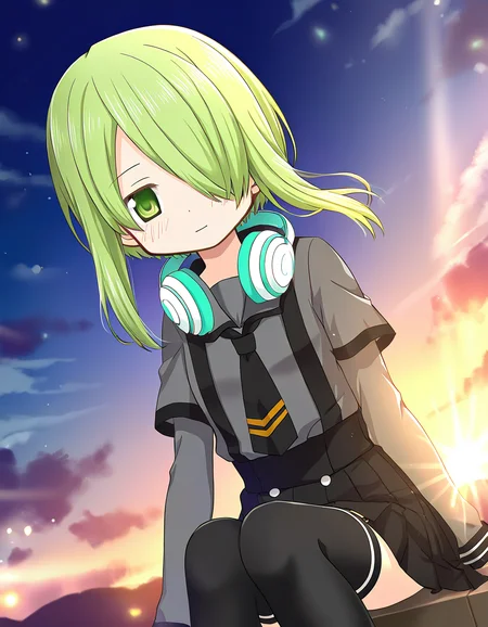 masterpiece, best quality, newest, absurdres, highres, safe, 1girl, miyabi shigure \(school uniform\), magia record: mahou shoujo madoka magica gaiden, headphones, thighhighs, solo, sitting, outdoors, dutch angle, <lora:miyabi_shigure_noobaiXLNAIXL_vPred10Version:0.7>