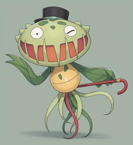 score_9, score_8_up, score_7_up, high res, absurd res, digital media (artwork), source_furry, solo focus, ambiguous gender, full body, top hat, cane, holding cane, carnival background, <lora:lowres_concept_ponyXL_v1:-0.3> <lora:Carnivine:0.8> carnivine, flora fauna, flesh fang, big head, big mouth, leaf arms, tendrils, noseless, green fangs, multicolored body, green spots, simple eyes, feral, winking, one eye closed, looking at viewer, closed mouth