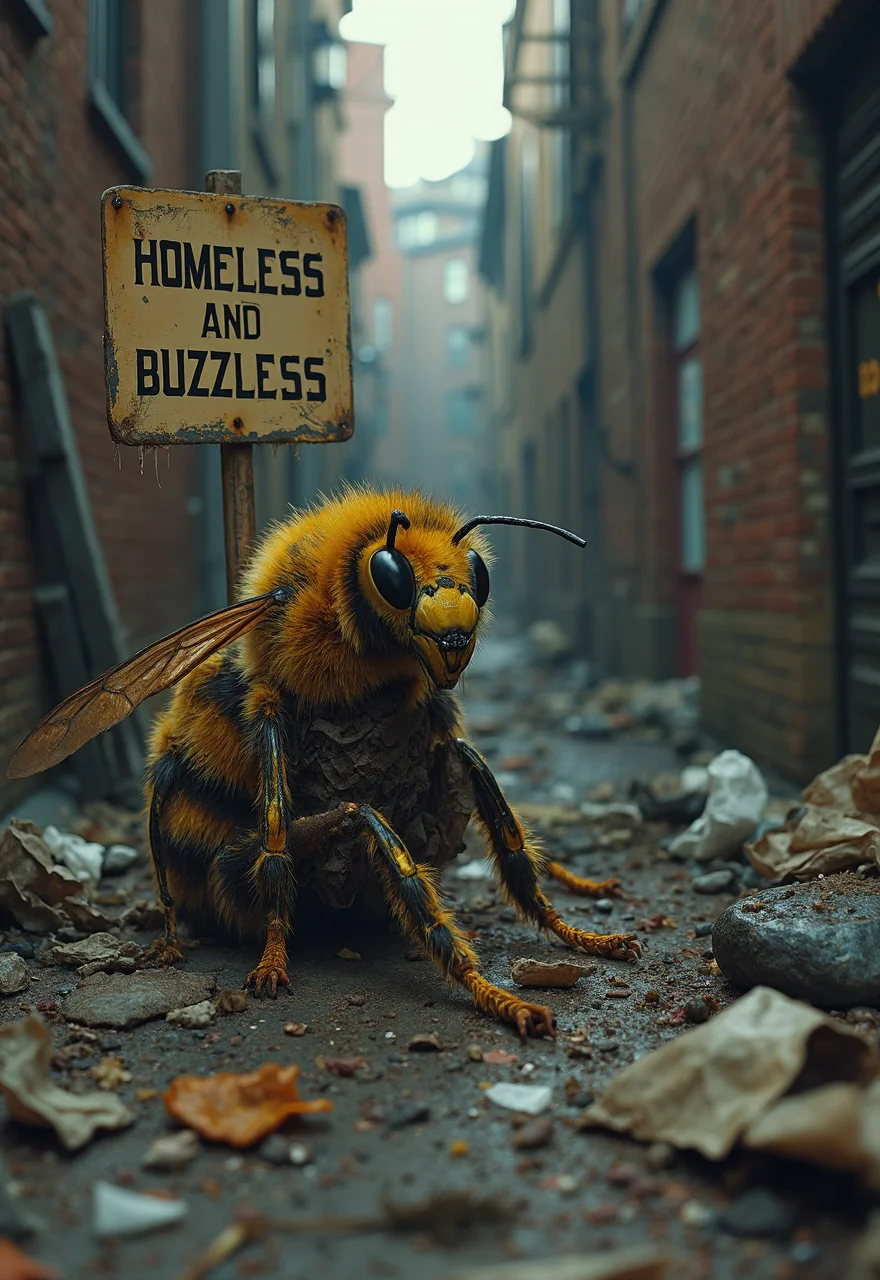 A homeless bee in a filthy alleyway, dressed in rags and surrounded by trash, next to a sign that says "Homeless and Buzzless"