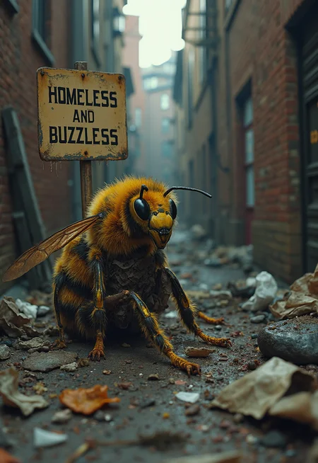 A homeless bee in a filthy alleyway, dressed in rags and surrounded by trash, next to a sign that says "Homeless and Buzzless"