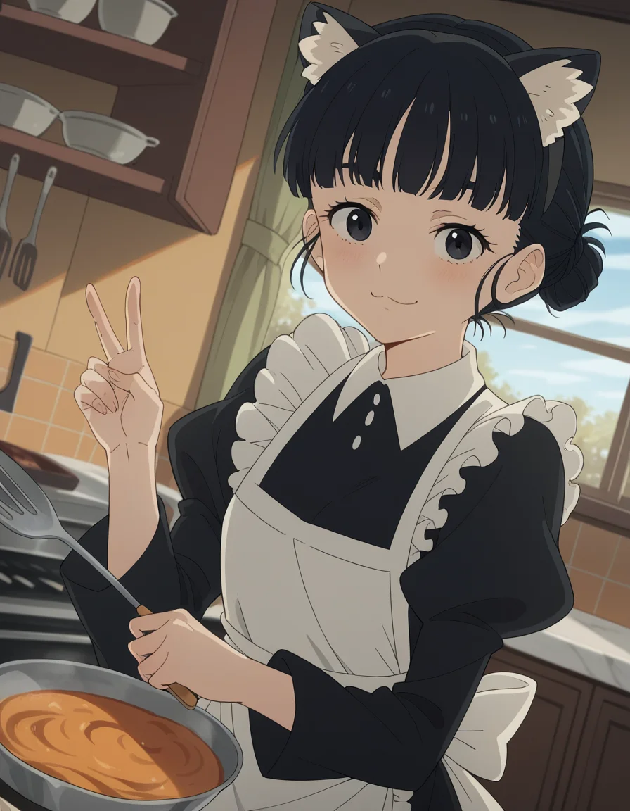 score_9, score_8_up, score_7_up, source_anime, <lora:tiara-basori-s1-ponyxl-lora-nochekaiser:1>, tiara basori, bangs, black hair, hair bun, black eyes, single hair bun,, skirt, long sleeves, animal ears, puffy sleeves, cat ears, apron, black dress, maid, fake animal ears, juliet sleeves, maid apron, kitchen, cooking, apron, cutting vegetables, home cooking, smile, looking at viewer, v,, solo,, cowboy shot, dutch angle