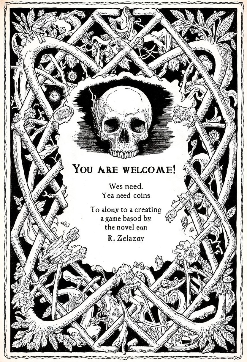 A solid Victorian pattern of intertwining vignettes in the form of autumn leaves, spiked stems of plants and bones. in the center of the picture, a small (about 5% of the total image size) skull with burning eyes should be depicted on top of the pattern. just below the skull there should be a small (about 5% of the total image size) horizontal exquisite Victorian plaque with the text “You are welcome!
We need coins to continue creating a game based on the novel by R. Zelazny". The entire image should be enclosed in an exquisite thin Victorian-style frame. the image must be monochrome. (anatomica, perfect text title style)