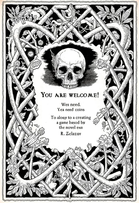 A solid Victorian pattern of intertwining vignettes in the form of autumn leaves, spiked stems of plants and bones. in the center of the picture, a small (about 5% of the total image size) skull with burning eyes should be depicted on top of the pattern. just below the skull there should be a small (about 5% of the total image size) horizontal exquisite Victorian plaque with the text “You are welcome!
We need coins to continue creating a game based on the novel by R. Zelazny". The entire image should be enclosed in an exquisite thin Victorian-style frame. the image must be monochrome. (anatomica, perfect text title style)