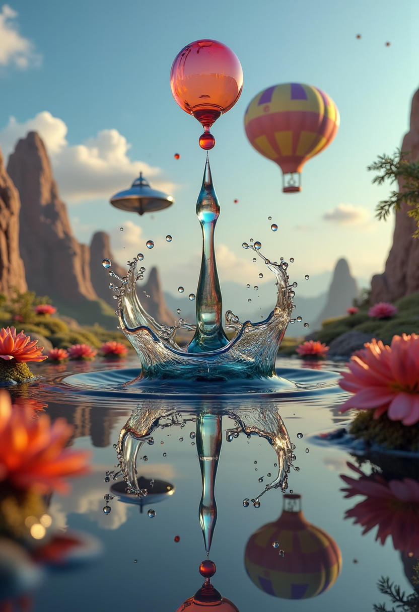 In the shape and style of a yfg-dr0p water drop splash photo of a , Fantasy illustration style, a futuristic landscape with colorful hot air balloon hovering, large spaceship reflecting in a with intricate textures and vibrant colors. The scene should include a rich variety of elements, each contributing to the overall atmosphere. Lighting should be soft, diffused, and natural, enhancing the depth and realism of the scene. The mood is to be calm yet vibrant, creating a sense of serenity and wonder. Every detail in the scene should be meticulously rendered, emphasizing the contrast between light and shadow, and capturing the fine textures and subtle gradients. The color palette should be carefully chosen to evoke emotion, with each hue enhancing the aesthetic appeal of the overall composition. The final image should be immersive and captivating, drawing the viewer into its intricately detailed world.