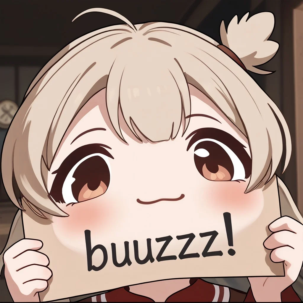 Klee,mutsukiface, chibi, portrait, smile, closed mouth, close-up,need_buzz, holding sign