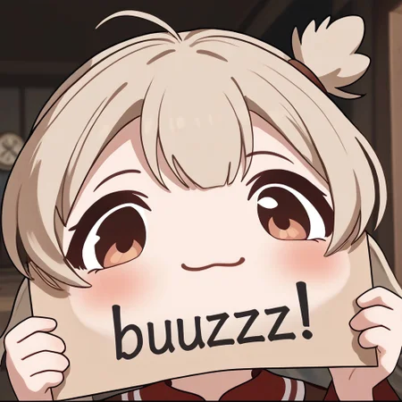 Klee,mutsukiface, chibi, portrait, smile, closed mouth, close-up,need_buzz, holding sign