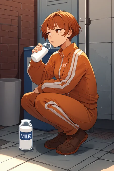 score_9, score_8_up, score_7_up, BREAK 1girl, solo, <lora:NSDorothyFE6:1> NSDorothyFE6, freckles, brown hair, short hair, brown eyes, tracksuit, squatting, milk bottles, alleyway