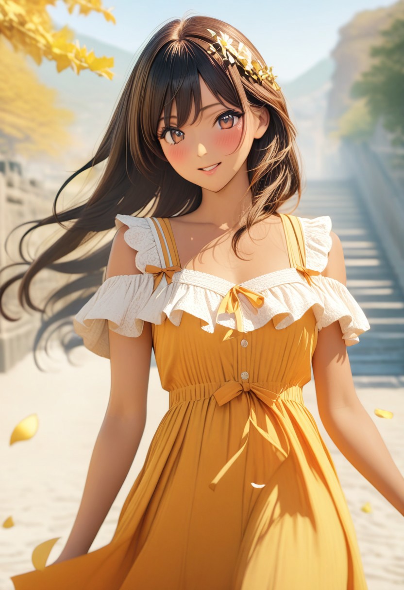 gorgeous lips, cinematic, (masterpiece), (best quality), (ultra-detailed), very aesthetic, illustration, perfect composition, intricate details, absurdres, detailed face, (anime, masterpiece, intricate:1.3), (best quality, hires textures, high detail:1.2), brown eyes,
1girl, brown skin, tan skin, very long black hair, wavy hair,medium breasts, perfecteyes, 8k, highest quality, ultra details,1girl, solo(,orange frilly offshoulder sundress with bows and ribbons:1.2), orange hair ribbon, surrounded by marygolds, running through the marygolds, hill covered in marygolds, spring season, cinematic lighting, hair blowing in the wind, dress blowing in wind, blush, smile, happy, falling flower petals ,marygolds in hair, marygolds cover the entire ground, flower petals blowing in the wind, (dynamic shot:1.4), photoshoot
