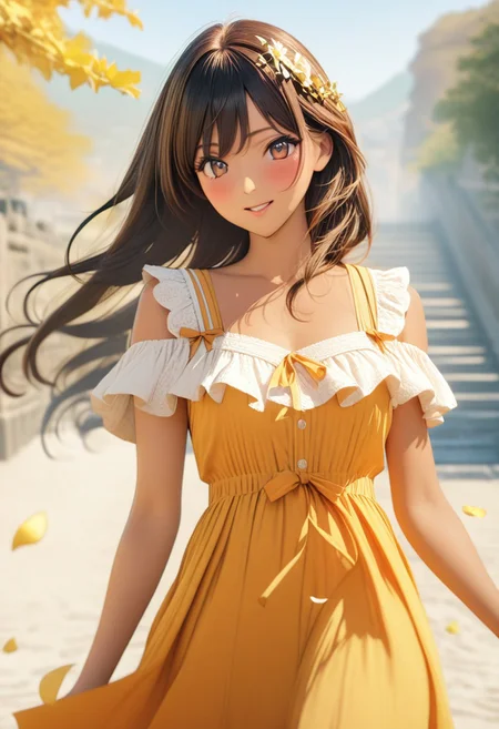 gorgeous lips, cinematic, (masterpiece), (best quality), (ultra-detailed), very aesthetic, illustration, perfect composition, intricate details, absurdres, detailed face, (anime, masterpiece, intricate:1.3), (best quality, hires textures, high detail:1.2), brown eyes,
1girl, brown skin, tan skin, very long black hair, wavy hair,medium breasts, perfecteyes, 8k, highest quality, ultra details,1girl, solo(,orange frilly offshoulder sundress with bows and ribbons:1.2), orange hair ribbon, surrounded by marygolds, running through the marygolds, hill covered in marygolds, spring season, cinematic lighting, hair blowing in the wind, dress blowing in wind, blush, smile, happy, falling flower petals ,marygolds in hair, marygolds cover the entire ground, flower petals blowing in the wind, (dynamic shot:1.4), photoshoot