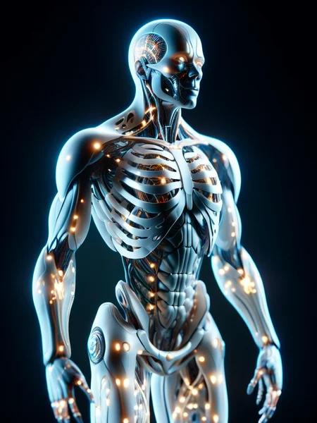 professional 3d model of a cyborg, body made of white and silver parts, led lights, circuits, octane render, highly detailed, volumetric, dramatic lighting <lora:tranzp-sdxl:1> tranzp, visible organs, visible bones