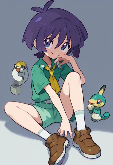 score_9,score_8_up,score_7_up,score_6_up,score_5_up,score_4_up,BREAKmasterpiece, hyper detailed, best quality, insanely detailed, high quality, exquisite, detailed, beautiful, ultra detailed,
Bugsy(pokemon)
Green shorts, green shirt, brown footwear, white socks, yellow neckerchief,purple hair,
in Take style,