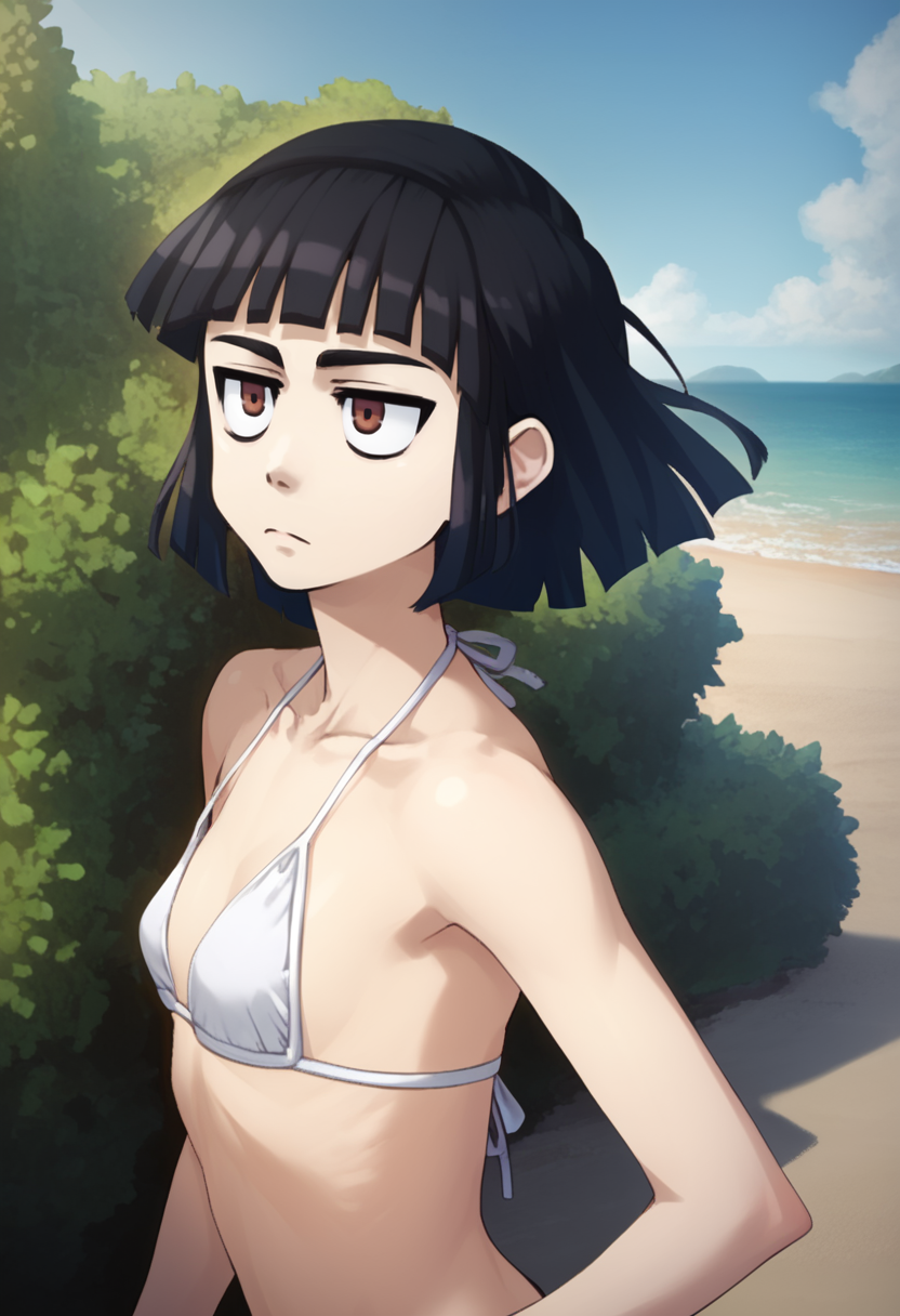score_9, score_8_up, score_7_up, 1girl, game cg,   <lora:Abbey 7_1:1> Abbey, black hair, brown eyes, bob cut,  bikini, beach, bush, expressionless,