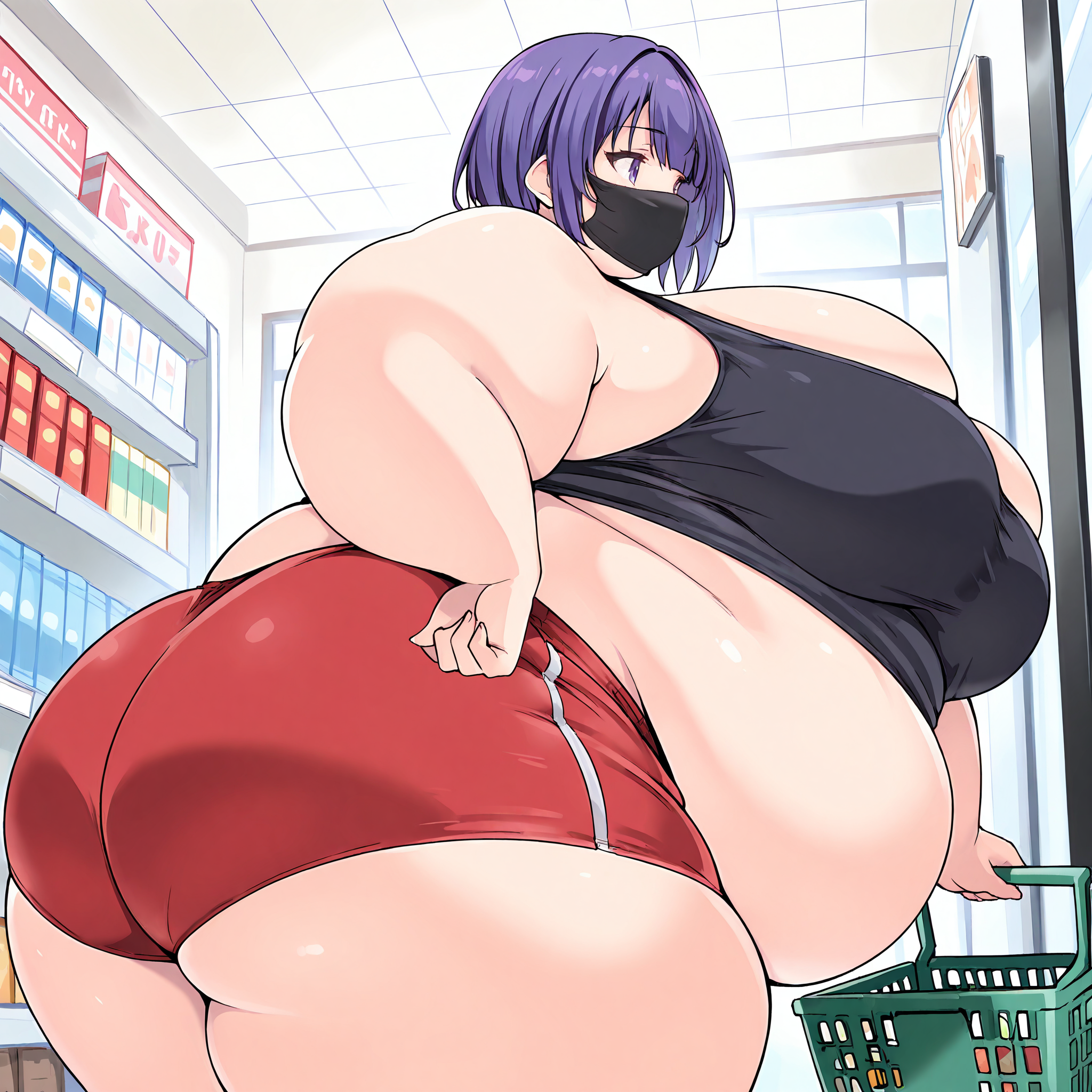 (masterpiece), best quality, (highly detailed), 1female, solo, <lora:Kurocaze_Style_IllustriousV2:0.8>, red gym shorts, black tanktop, facemask, store, undersized clothes, fat, obese, huge breasts, shopping basket, purple hair, from the side, huge ass, looking away, short hair,