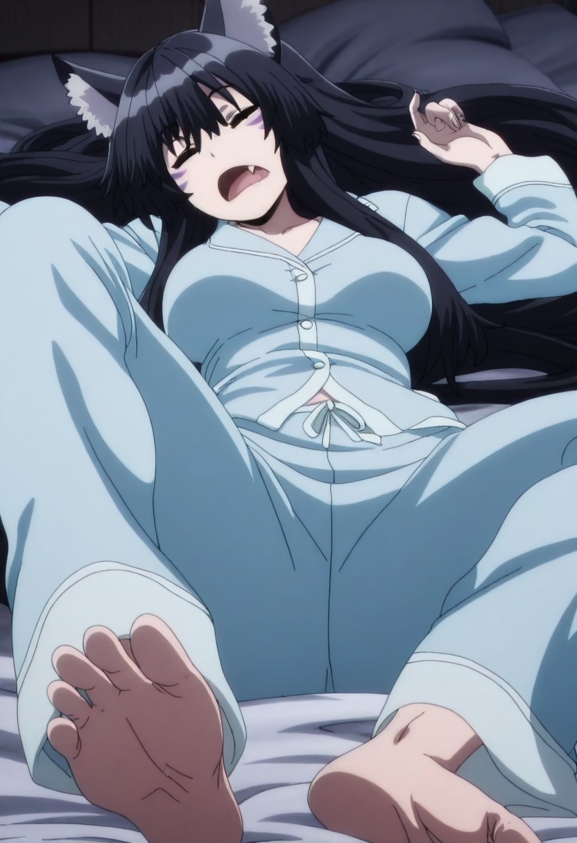 masterpiece, best quality, amazing quality,, <lora:shadow-delta-s1-illustriousxl-lora-nochekaiser:1>, delta, solo, long hair, black hair, animal ears, cat ears, animal ear fluff, facial mark, mature female, medium breasts, anime screencap, pajamas, feet, soles, sleeping, open mouth, fang