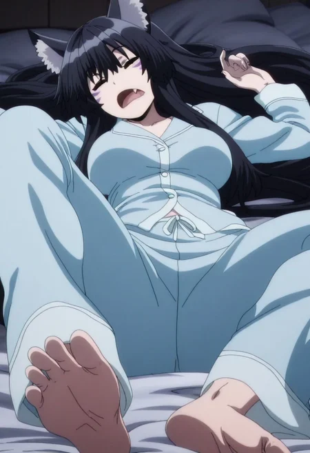 masterpiece, best quality, amazing quality,, <lora:shadow-delta-s1-illustriousxl-lora-nochekaiser:1>, delta, solo, long hair, black hair, animal ears, cat ears, animal ear fluff, facial mark, mature female, medium breasts, anime screencap, pajamas, feet, soles, sleeping, open mouth, fang