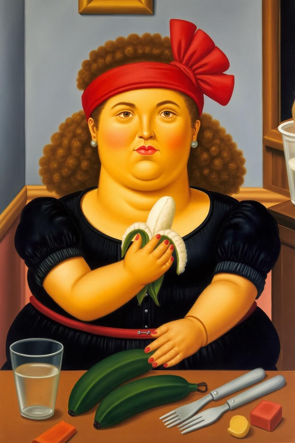 fernandobotero1 painting.
A woman with a serious expression sits at a table. She has voluminous curly hair adorned with a large red bow. She is holding a peeled banana in her hand. There are two bananas, a glass of water, and eating utensils lying on the table.
 <lora:fernandobotero1_cap_d6a3e7:1.0><lora:840277267612575654:0>