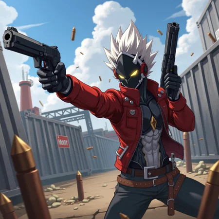 billy, holding guns, action scene, bullets, shipyard, metal containers, anime,