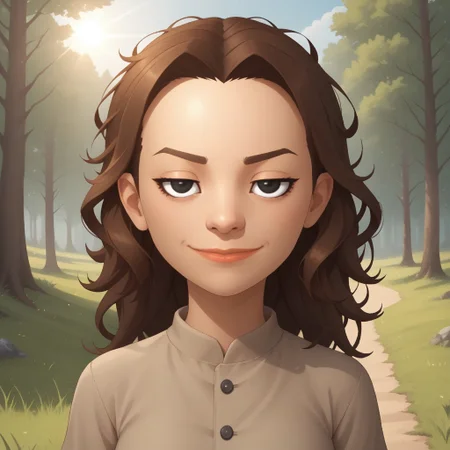 score_9, score_8, BREAK, solo, wii, mii, wii sports resort, female mii, 1girl, cute, brown hair, messy hair, sleepy eyes, black eyes, linear eyebrows, lips, wide lips, brown clothing, black pants, flip flops, breasts, Tomoko_(\Wii_Sports_Resort\), Nintendo Mii, modern_mii, classic_mii, half circle eyes, sexy pose, smile, outdoors, sunlight, shadows, evening lighting, natural lighting, forest, trees, grass, orange sky, sunset