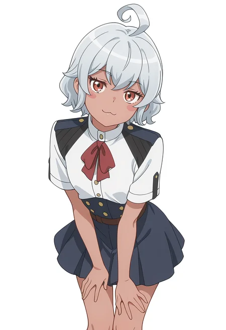 Smooth Quality,masterpiece, ultra realistic,
simple background, white background,
front view,:3,hand on own thigh,
 <lora:AquaErisCnn:0.8>Eris/Cnn, Sist/Cnn, 1girl, ahoge, blush stickers, dark-skinned female, skirt, uniform,petite,