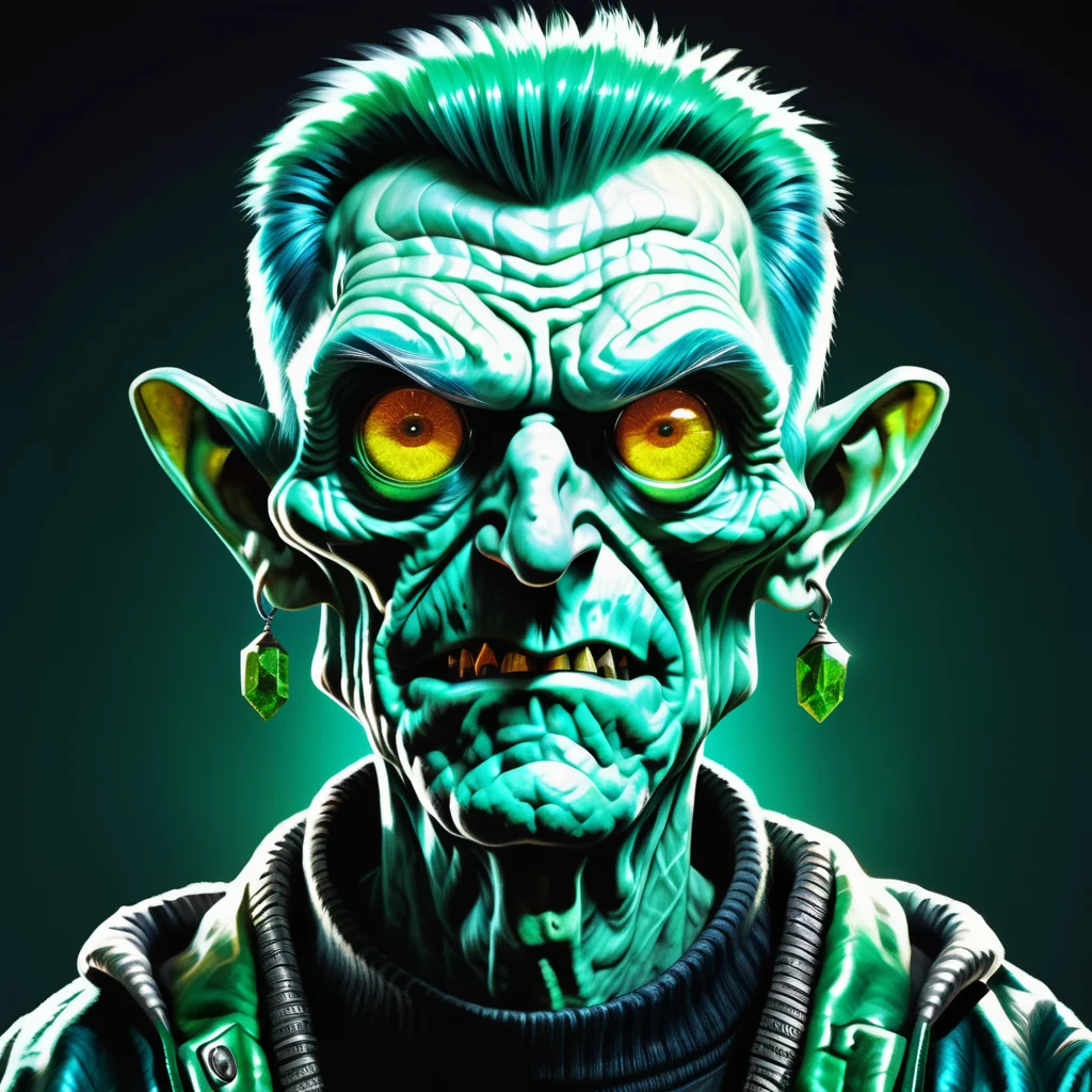 ((realistic,digital art)), (hyper detailed),h4l0w3n5l0w5tyl3DonML1gh7 male female Geriatric, Angular, Indigenous Australian, Blue eyes, Pointed Ears, Wide Nose, Protruding Chin with Cleft, Symmetrical Forehead, , Emerald Green Choppy haircut hair, Frown wearing Straight-leg pants, Oversized sweater, , , , Arms linked with someone, indicating companionship, <lora:h4l0w3n5l0w5tyl3DonML1gh7-v1.1-000008:1>