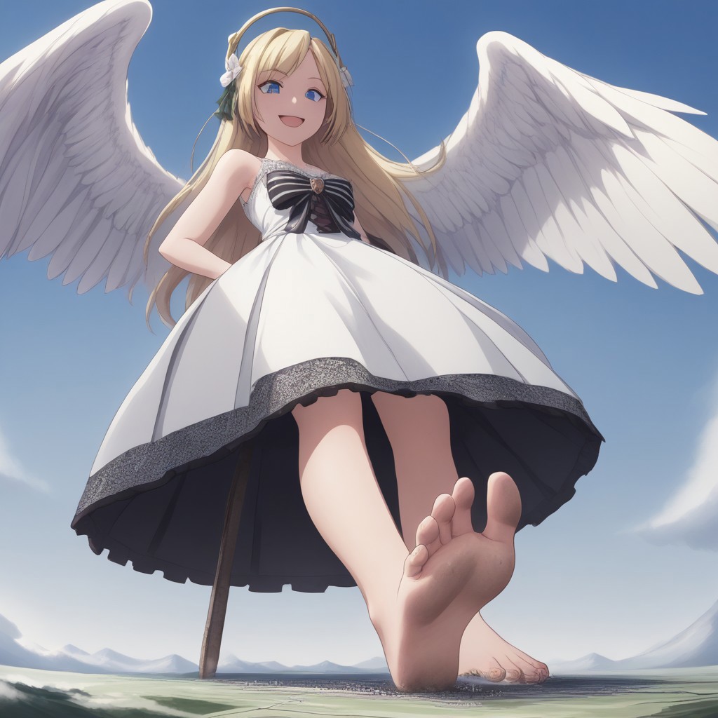 score_9, score_8_up, score_7_up, score_6_up, score_5_up, macro, giantess,( 1girl:1.5), solo focus, ecute, blue eyes, flower, hair ornament, blonde hair, white dress, smug, (lace dress, lace:1.5), blonde, (low angle, from below:1.4), giantess, macro, blonde hair, landscape, barefoot, smiling, happy, sunny blue sky background, tiny cities, tiny landscape, landscape dwarfing, soles, dirty feet, feet, w1ngs, angel wings, angel, halo, angel halo, flat landscape