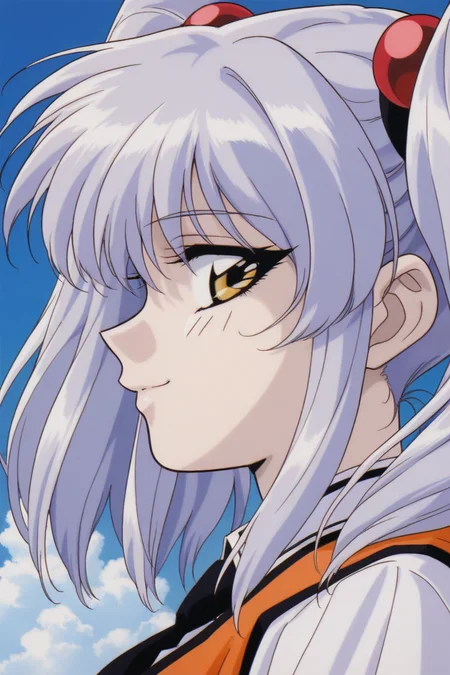 masterpiece, best quality, source_anime,official art,perfect_anatomy,1990s_\(style\),retro_artstyle, Ruri_Hoshino,silver_hair,hair_bobbles,hair_ornament,necktie,orange_vest,shirt,long_sleeves,uniform,(beautiful detailed face,looking_at_viewer,smile,profile),portrait,close to viewer,day,blue_sky,cloud