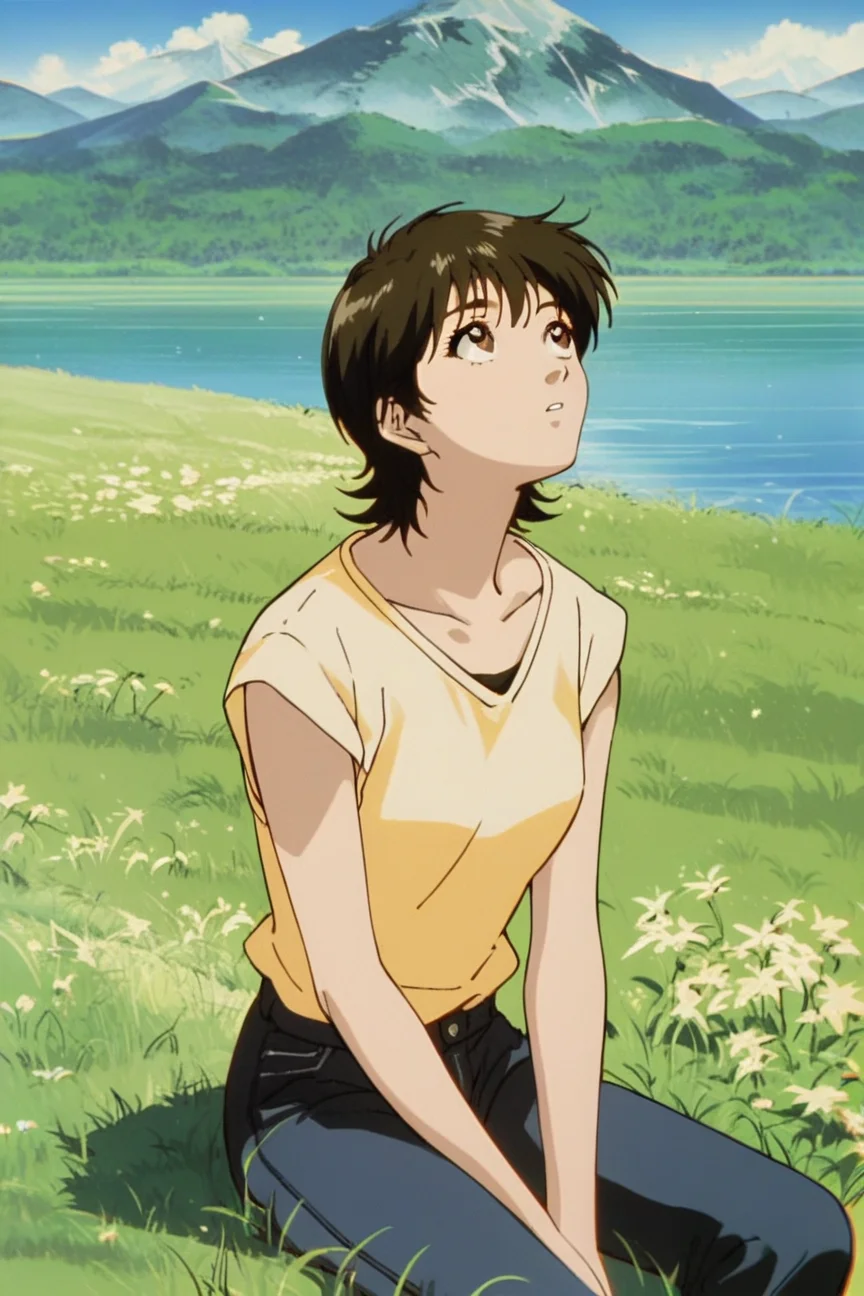 score_9, score_8_up, score_7_up,source_anime,<lora:Azusa_Fuyutsuki_GTO_PDXL:0.8>,azusa fuyutsuki, brown eyes, short hair, medium breasts, top, pants, sitting, looking up, solo, outdoors, grass field, day, mountains, lake, best quality, high quality
