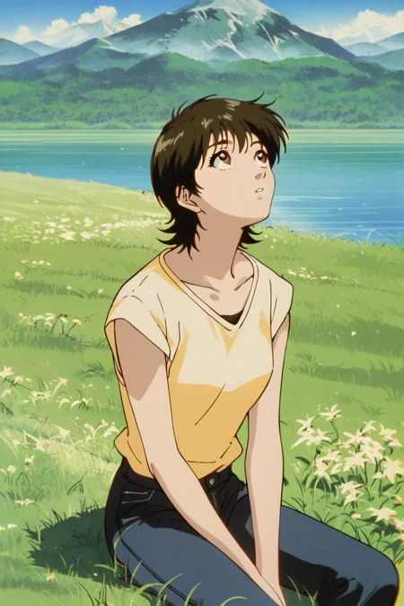 score_9, score_8_up, score_7_up,source_anime,<lora:Azusa_Fuyutsuki_GTO_PDXL:0.8>,azusa fuyutsuki, brown eyes, short hair, medium breasts, top, pants, sitting, looking up, solo, outdoors, grass field, day, mountains, lake, best quality, high quality