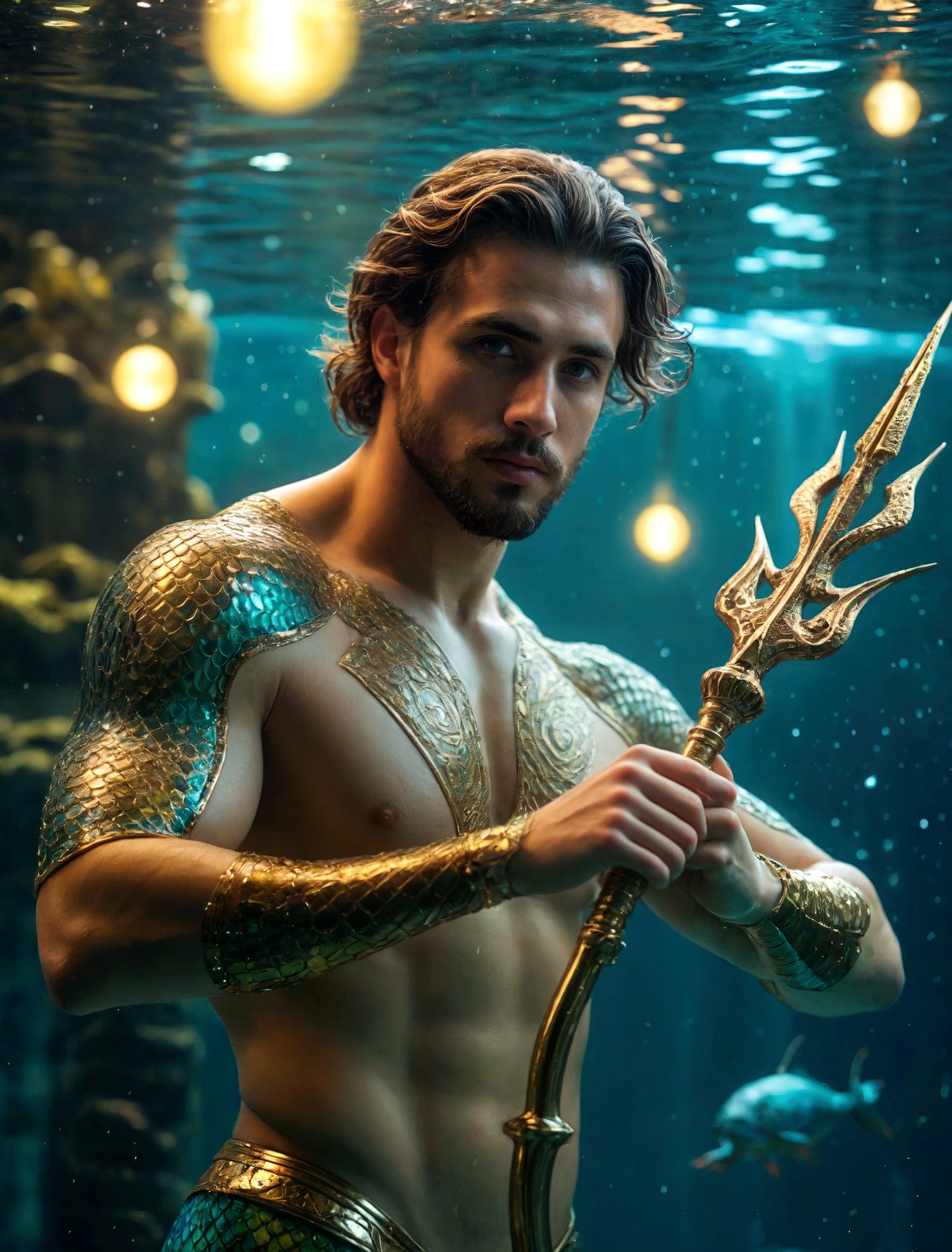cinematic photo close up portrait of Merman King swimming under water, holding glowing trident, floating electricity orbs, surface water reflections above, elaborate bright underwater city in distant background bokeh, cinematic photorealistic, 8k uhd natural lighting, raw, rich, intricate details, key visual, atmospheric lighting, 35mm photograph, film, bokeh, professional, 4k, highly detailed . 35mm photograph, film, bokeh, professional, 4k, highly detailed