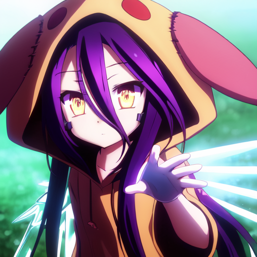 <lora:Shuvi-10:0.8>,	Shuvi, 1girl, solo, long hair, looking at viewer, hair between eyes, very long hair, yellow eyes, purple hair, cowboy shot, wings, flat chest, animal hood, rabbit hood, expressionless, multicolored eyes, mechanical wings,  glowing, headgear, perfect hands