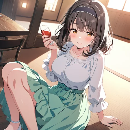 masterpiece,saeki haruko,1girl,solo,blush,casual hairband,casual3 blouse,casual3 skirt,white high heels,smile,looking at viewer,<lora:SaekiHaruko:0.8>,Cinematic Lighting,drunk,indoor,clubroom,