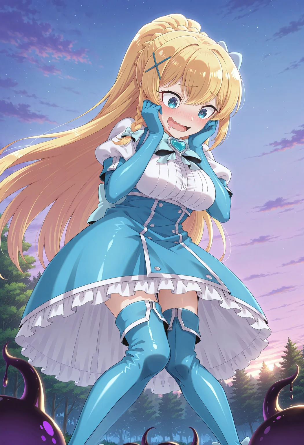 konofan, masterpiece, best quality, absurdres, 1girl, (darkness \(konosuba\):1.2), blue eyes, blonde hair, long hair, very long hair, ponytail, braid, sidelocks, x hair ornament, medium breasts, hair ornament, large breasts,
magiaazure, magical girl, bow, dress, blue elbow gloves, magical girl, blue boots, high heel boots, thigh boots,
outdoors, nature, sky, clouds, slime, tentacles, [latex],
solo, standing, feet out of frame, hands on own cheeks, blush, open mouth, wavy mouth, mouth drool, wide-eyed, looking down, knees together feet apart,
intricate, highly detailed, majestic, shallow depth of field, movie still, colorful