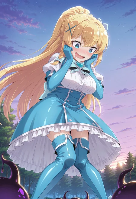 konofan, masterpiece, best quality, absurdres, 1girl, (darkness \(konosuba\):1.2), blue eyes, blonde hair, long hair, very long hair, ponytail, braid, sidelocks, x hair ornament, medium breasts, hair ornament, large breasts,
magiaazure, magical girl, bow, dress, blue elbow gloves, magical girl, blue boots, high heel boots, thigh boots,
outdoors, nature, sky, clouds, slime, tentacles, [latex],
solo, standing, feet out of frame, hands on own cheeks, blush, open mouth, wavy mouth, mouth drool, wide-eyed, looking down, knees together feet apart,
intricate, highly detailed, majestic, shallow depth of field, movie still, colorful