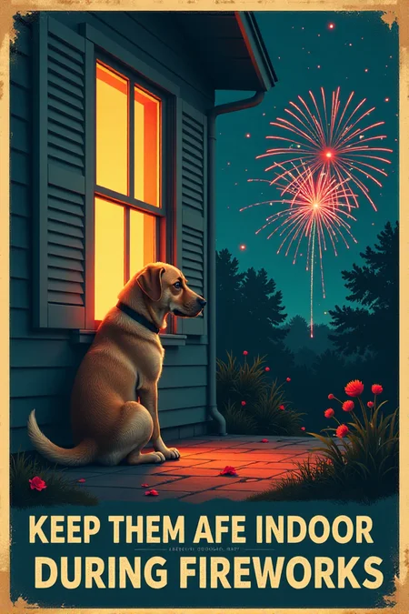 A vintage-style poster featuring a sad-looking dog cowering inside a house with closed windows, while colorful fireworks explode safely in the distance outside. The text in a gentle, blue font reads: "BE KIND TO YOUR PETS! Keep Them Safe and Indoors During Fireworks." Emphasize the importance of animal safety during celebrations. <lora:REMEs_War_Poster_Style:0.95> In REME's War Poster Style,âââ