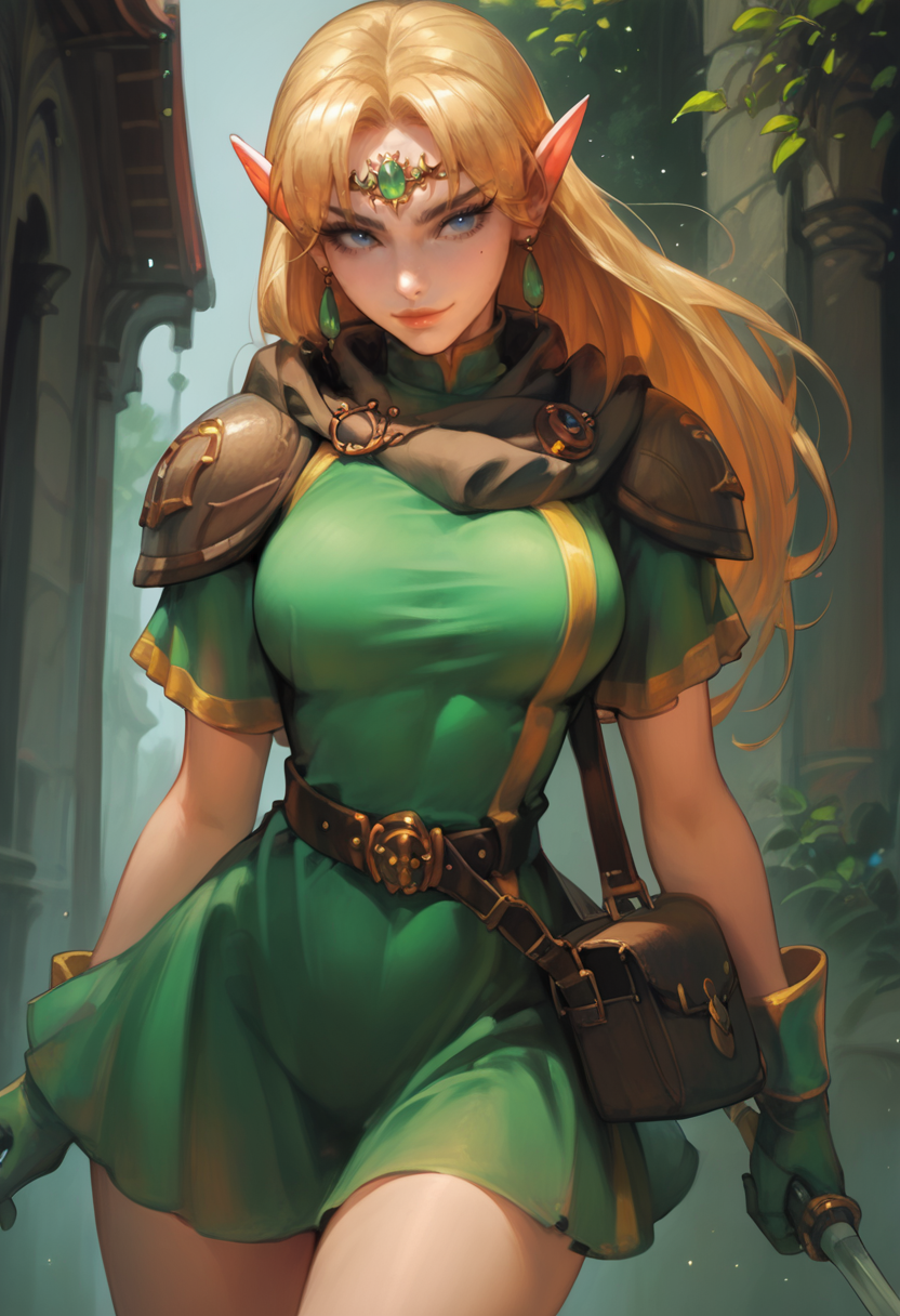 score_9, score_8_up, score_7_up, 1girl, solo, luciadg,, long hair, blue eyes, blonde hair, pointy ears,, circlet, jewelry,  short dress,  green dress, large breasts, expressiveh, smile, naughty, outdoors, action shot, concept art, realistic, <lora:Expressive_H:0.8><lora:Kittew-4RCH0N:0.8> 4RCH0N <lora:g0th1cPXL:0.6> <lora:Lucia Elf DnD PXL v01:0.8>