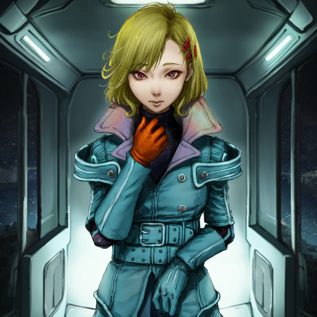 best quality, masterpiece, cinematic light, netsu, blonde hair, short hair, hair ornament, night,jacket, glove, looking at viewer, spaceship interior, calm