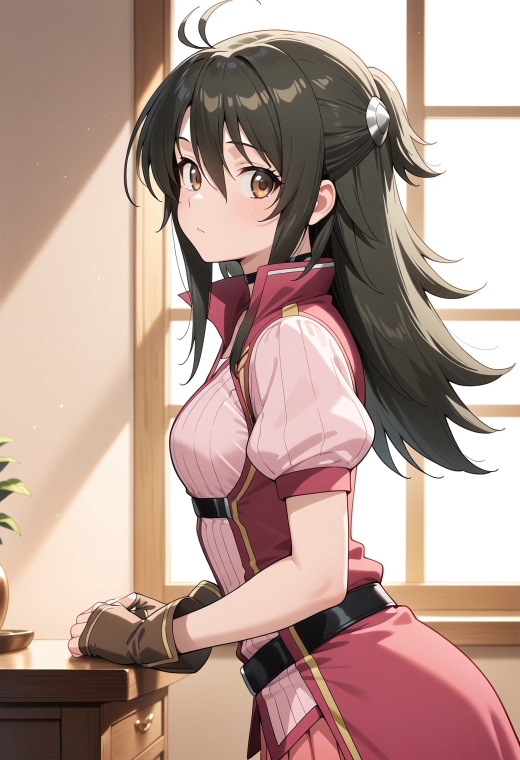 masterpiece, best quality, very aesthetic, absurdres, 1girl, solo,
<lora:adeltrud_walter_v01:0.8>, adeltrud_walter, black hair, long hair, ahoge, half updo, brown eyes, breasts,
hair ornament, choker, shirt, puffy short sleeves, fingerless gloves, belt, pink skirt, pleated skirt, from side, looking back, upper body