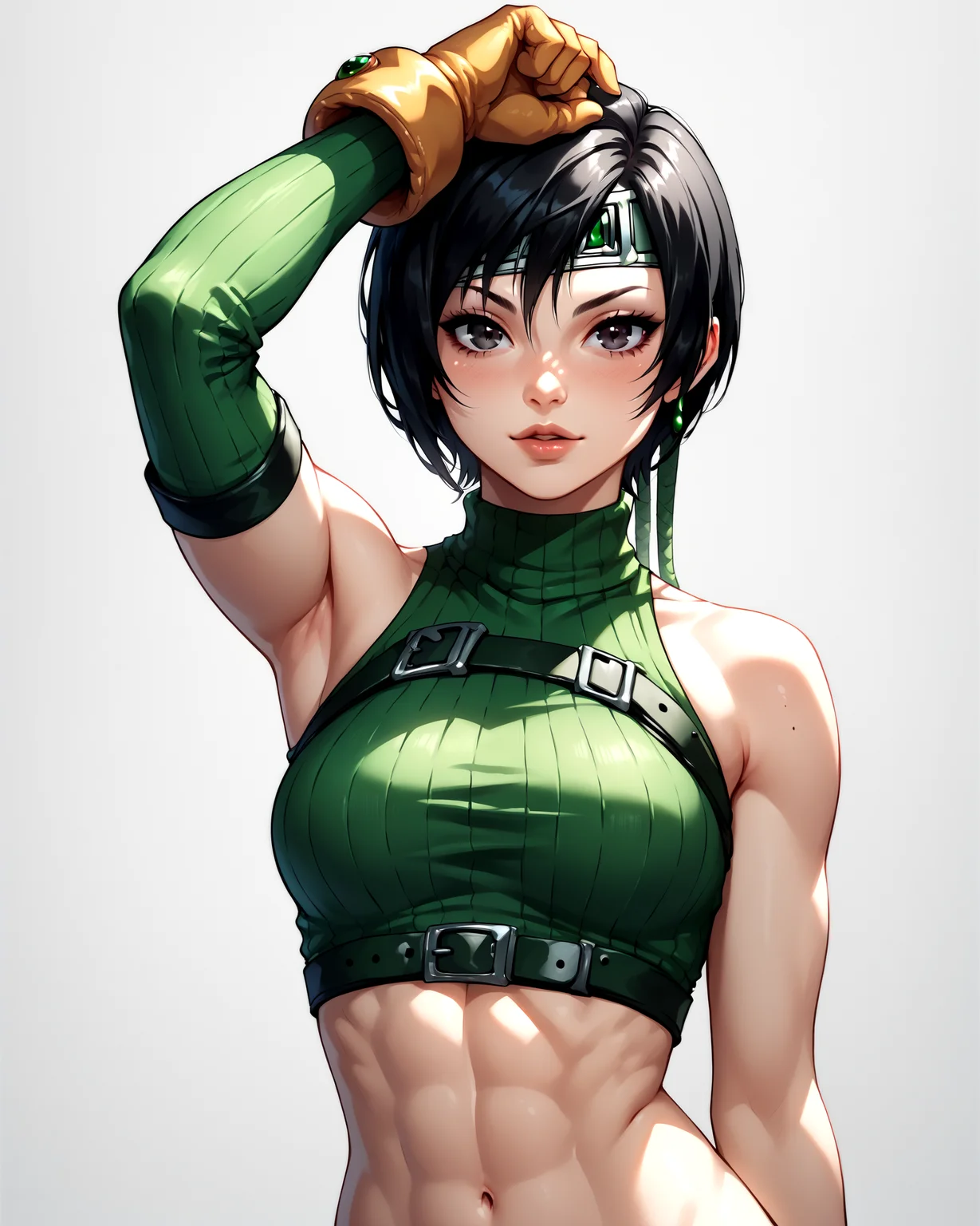 yuffie, black hair,, grey background, blank background, score_9, score_8_up, score_7_up, score_6_up,, (sexy pose, sexy, slutty, seductive:1.25)