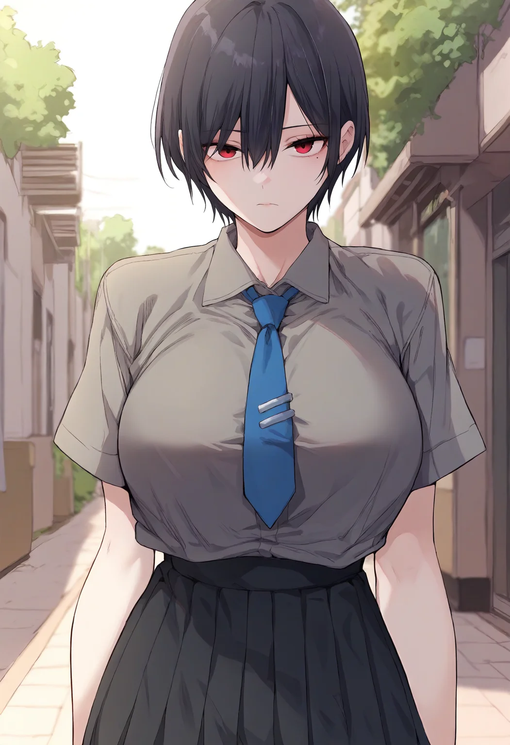 score_9, score_8_up, score_7_up, score_6_up, source_anime, rating_explicit, 1girl, (solo:1.1), huge breasts, <lora:Seon A-Byeol prefectPonyxl:0.85> black hair, short hair, red eyes, hair between eyes, (mole under eye:0.8), blue necktie, tie clip, collared shirt, grey shirt, short sleeves, school uniform, black skirt, pleated skirt, expressionless, school, outdoors, looking at viewer