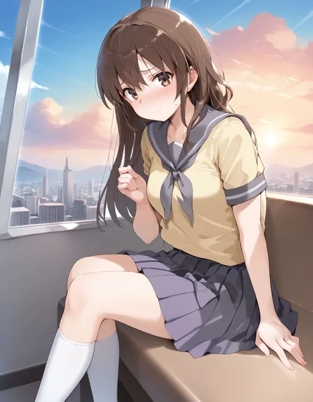 score_9, score_8_up, score_7_up, score_6_up, BREAK source_anime, best quality, masterpiece
1girl,brown hair,brown eyes,short sleeves,hair between eyes,<lora:lass bwPonyXL:0.8>,lass bw,grey sailor collar,grey neckerchief,yellow serafuku,skirt,socks,sitting,embarrassed,looking at viewer,window,cityscape,(twilight:1.2),(cloudy sky:1.2),(sunset:1.2),
