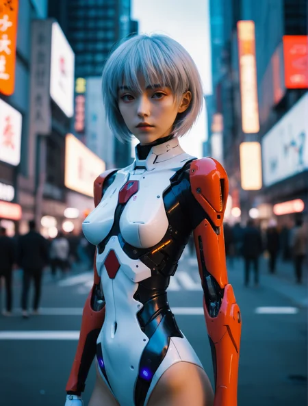 cinematic still frame, world's most beautiful cyborg Ayanami rei in Evangelion, street fashion model, cyberpunk 2077 style new york street