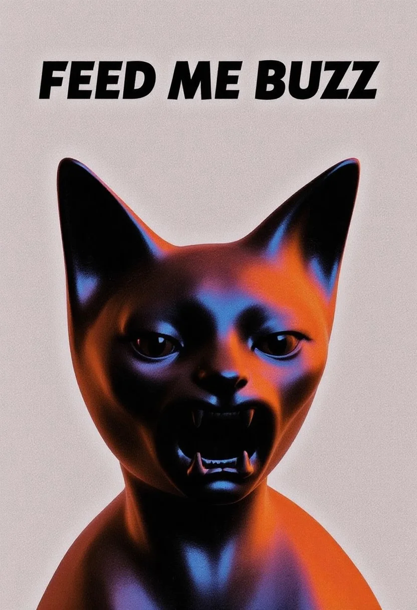 "FEED ME BUZZ" in narrow letters at the top of the image.
Shiny ART BRUT CAT Statue, open mouth, sad face.
spectral glow, chromatic grain, silver cloth background, professional and cinematic photo