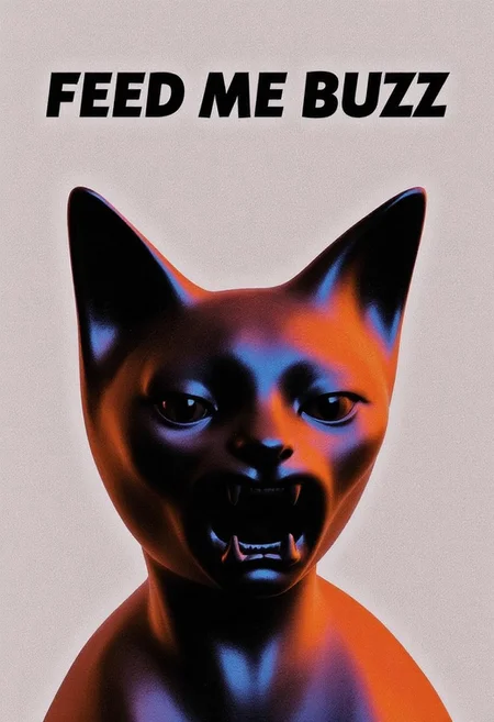 "FEED ME BUZZ" in narrow letters at the top of the image.
Shiny ART BRUT CAT Statue, open mouth, sad face.
spectral glow, chromatic grain, silver cloth background, professional and cinematic photo