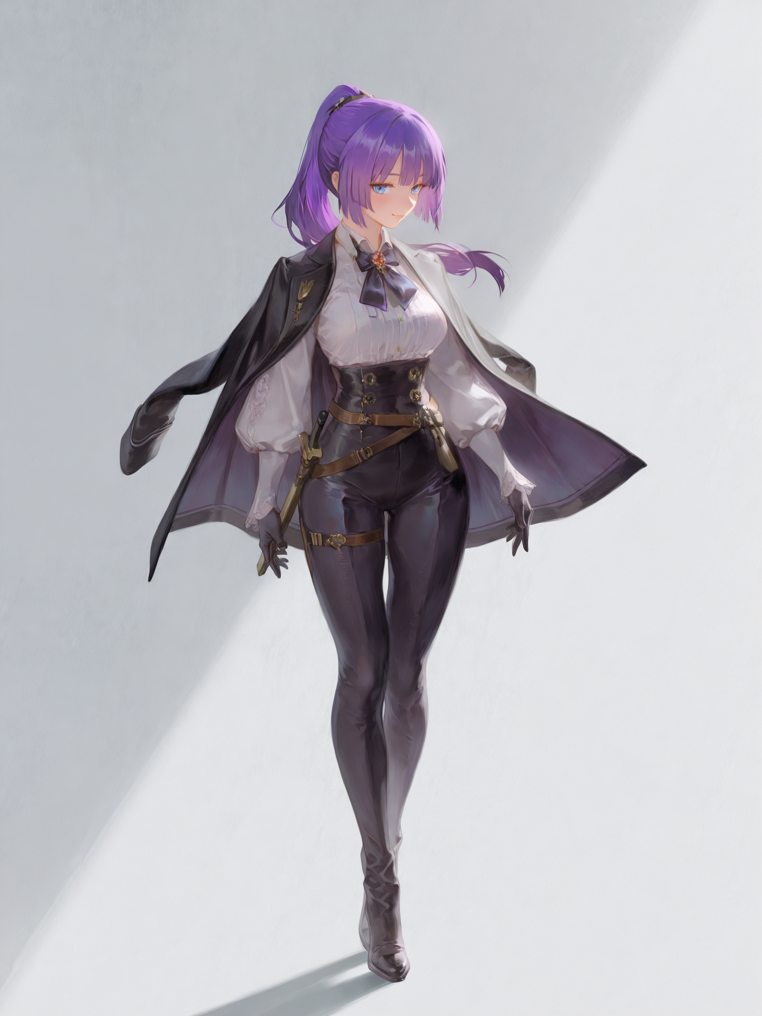 (masterpiece, best quality, very aesthetic, absurdres, highres:1.2), incredible lighting, (carcano m91/38, ponytail:1.5), (saturated purple hair, blue eyes, blunt bangs, girls frontline:1.2), <lora:illustriousXL_stabilizer_v1.7:1>, 1girl, solo, iconic scene, cinematic, full body, <lora:NOOB_vp1_detailer_by_volnovik_v1:1>, painterly style, looking at viewer, <lora:anmiXLillokrV53P1:0.3>, <lora:reikolokr_for_illustrious:0.5>, <lora:10_AESTX:0.4> aestx, brushstroke \(medium\), dynamic angle
