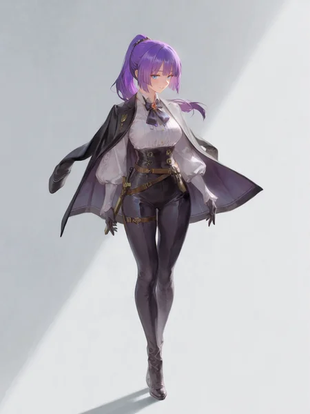 (masterpiece, best quality, very aesthetic, absurdres, highres:1.2), incredible lighting, (carcano m91/38, ponytail:1.5), (saturated purple hair, blue eyes, blunt bangs, girls frontline:1.2), <lora:illustriousXL_stabilizer_v1.7:1>, 1girl, solo, iconic scene, cinematic, full body, <lora:NOOB_vp1_detailer_by_volnovik_v1:1>, painterly style, looking at viewer, <lora:anmiXLillokrV53P1:0.3>, <lora:reikolokr_for_illustrious:0.5>, <lora:10_AESTX:0.4> aestx, brushstroke \(medium\), dynamic angle