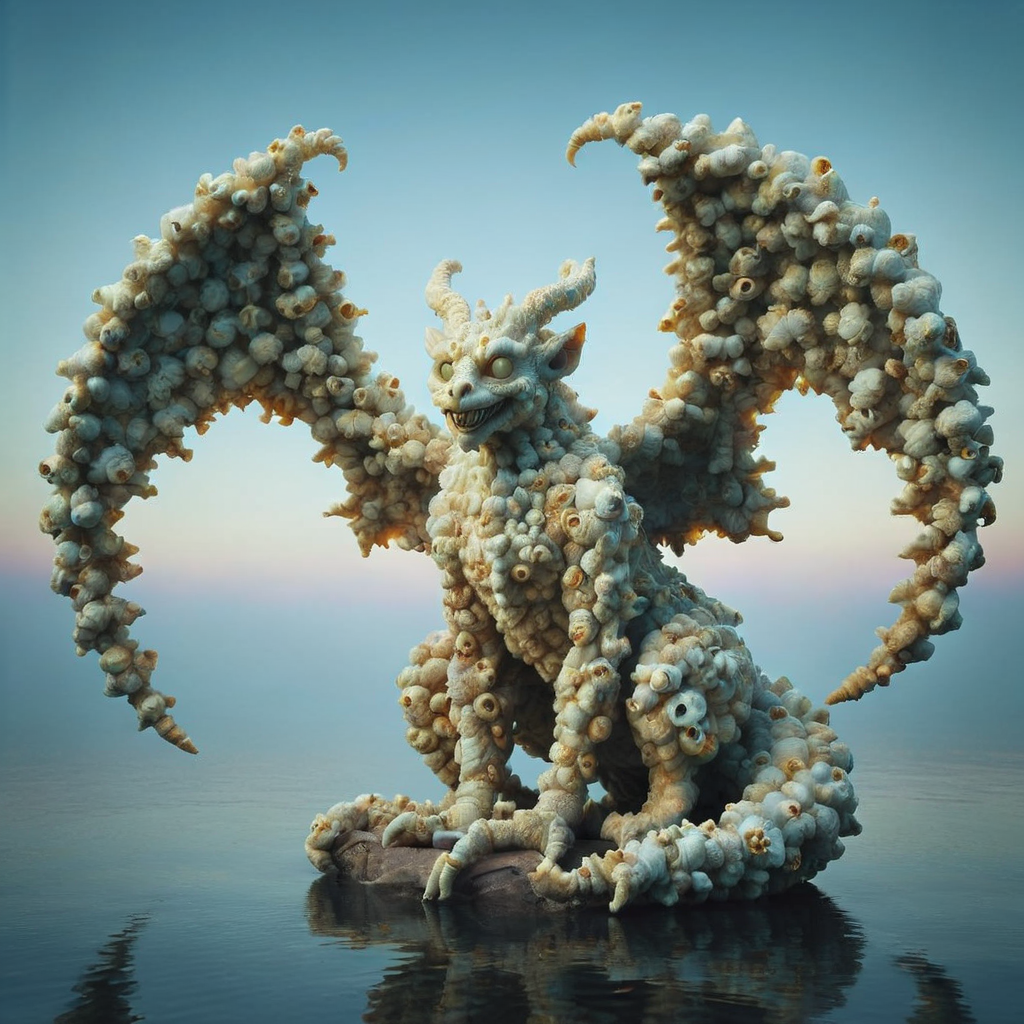 ocean, celestial event,murky reflections,gargoyle,ocean BREAK <lora:popc:1>popc  gigantic luminous pulsating vintage fractal life form,  hoofed, bifurcated-tailed, bushy-tailed, iridescent skin,