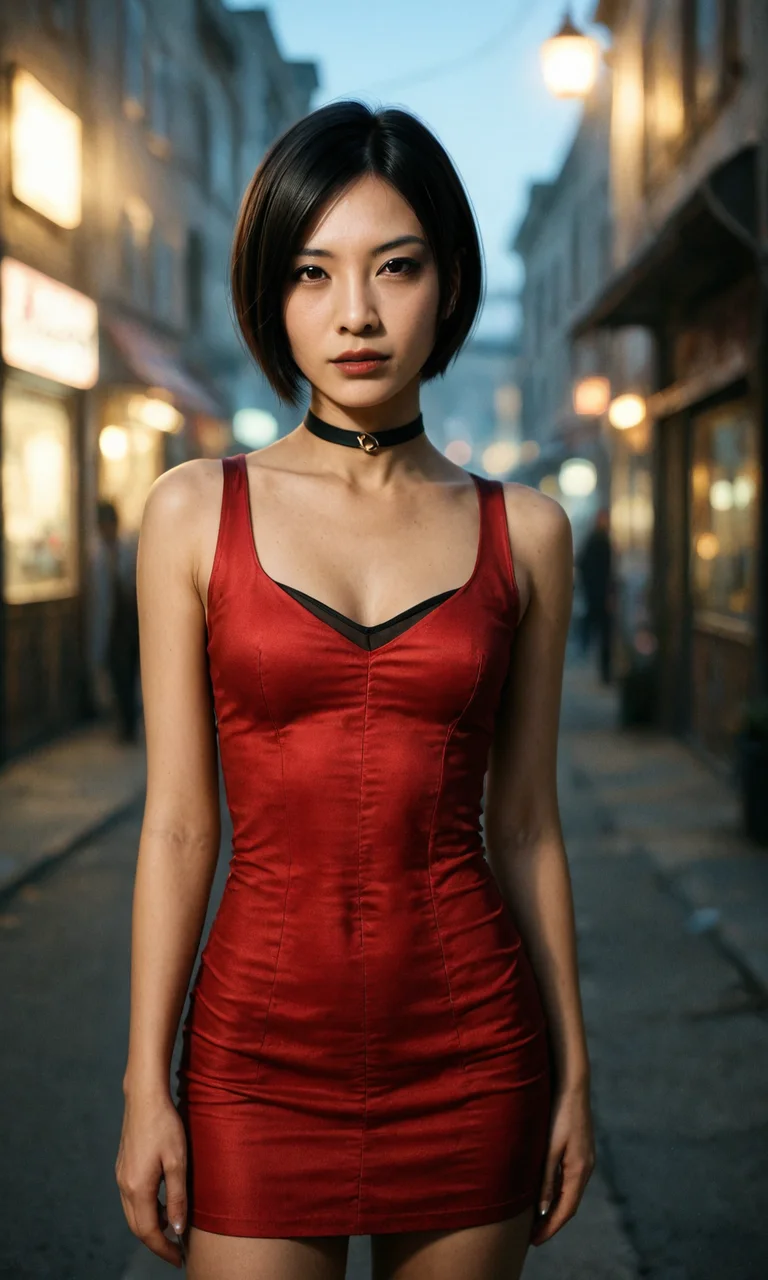 embedding:Stable_Yogis_Illustrious_Positives, 1990's amateur photograph, photorealistic, masterpiece, 1girl, solo, ada wong, black hair, short hair, brown eyes, black choker, red dress, outdoors, night,<lora:ada_wong_sdxl.safetensors:1.0:1.0>