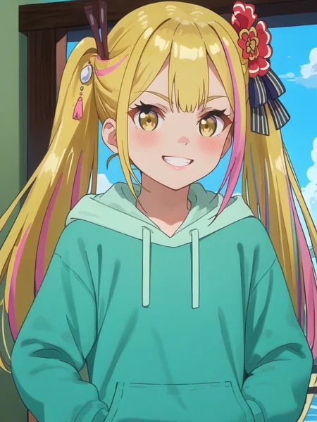 score_9, score_8_up, score_7_up, score_6_up, score_5_up, score_4_up, source_anime,,cinematic shadow, character focus, detailed skins,(cowboy shot:1.4),body blush,<lora:StS_PonyXL_Detail_Slider_v1.4_iteration_3:4>, <lora:Sara_Da_Odin__Henjin_no_Salad_Bowl_:1>,saraodin, multicolored hair, blonde hair, long hair, streaked hair, pink hair, twintails, hair ornament,hair flower,hair ribbon, bangs, yellow eyes,child,saragreenhood, light green hoodie, hood down,dynamic pose, contrapposto, smile,